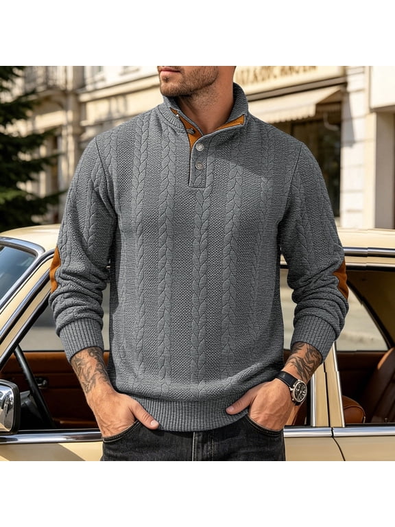 Men's Button Neck Pullover Sweater Soft Cable Knit Long Sleeve Mock Neck Top with Elbow Patches Ribbed Cuffs Regular Fit for Casual Work Travel Fall and Winter Dark Gray S