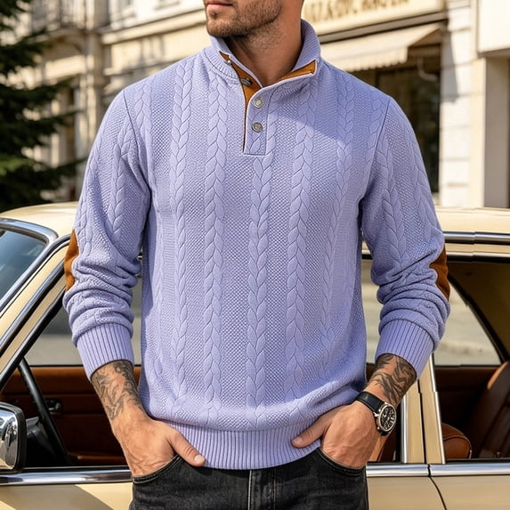 Gamivast Men's Button Neck Pullover Sweater Soft Cable Knit Long Sleeve Mock Neck Top with Elbow Patches Ribbed Cuffs Regular Fit for Casual Work Travel Fall and Winter Purple XL