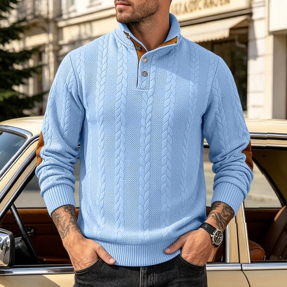 Gamivast Men's Button Neck Pullover Sweater Soft Cable Knit Long Sleeve Mock Neck Top with Elbow Patches Ribbed Cuffs Regular Fit for Casual Work Travel Fall and Winter Sky Blue M
