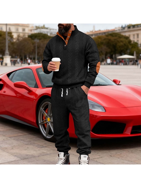 Men's Cable Knit 2 Piece Set Button Henley Pullover and Pants Contrast Elbow Patch Outfit for Winter Casual Daily Home Lounge Warm Soft Suits