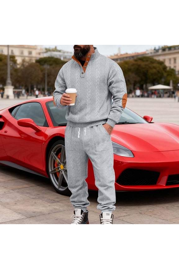 Men's Cable Knit 2 Piece Set Button Henley Pullover and Pants Contrast Elbow Patch Outfit for Winter Casual Daily Home Lounge Warm Soft Suits