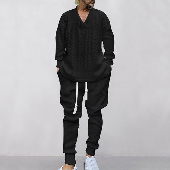 Gamivast Men's Cable Knit Sweater Set V Neck Pullover Top and Pants Soft Warm 2 Piece Outfit for Winter Casual Daily Home Lounge Sleepwear Clothing