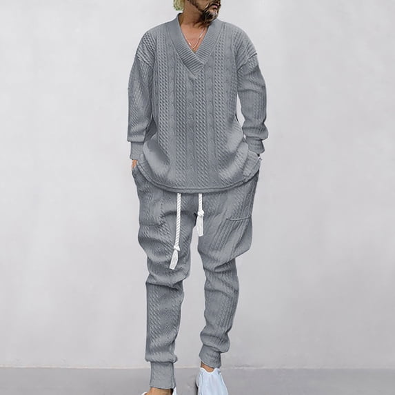 Gamivast Men's Cable Knit Sweater Set V Neck Pullover Top and Pants Soft Warm 2 Piece Outfit for Winter Casual Daily Home Lounge Sleepwear Clothing