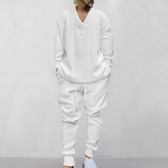 Gamivast Men's Cable Knit Sweater Set V Neck Pullover Top and Pants Soft Warm 2 Piece Outfit for Winter Casual Daily Home Lounge Sleepwear Clothing