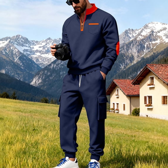 Gamivast Men's Cargo Tracksuit Quarter Zip Sweatshirt and Pants Set Contrast Elbow Patch Outfit for Outdoor Hiking Work Casual Daily Athletic Suit