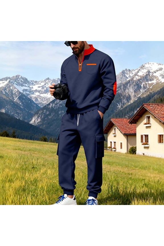 Men's Cargo Tracksuit Quarter Zip Sweatshirt and Pants Set Contrast Elbow Patch Outfit for Outdoor Hiking Work Casual Daily Athletic Suit