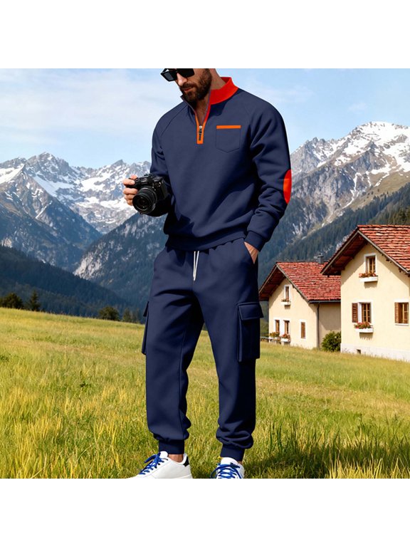 Men's Cargo Tracksuit Quarter Zip Sweatshirt and Pants Set Contrast Elbow Patch Outfit for Outdoor Hiking Work Casual Daily Athletic Suit