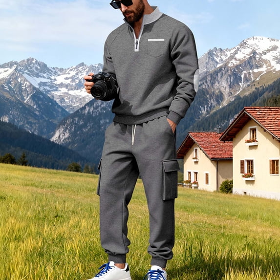 Gamivast Men's Cargo Tracksuit Quarter Zip Sweatshirt and Pants Set Contrast Elbow Patch Outfit for Outdoor Hiking Work Casual Daily Athletic Suit