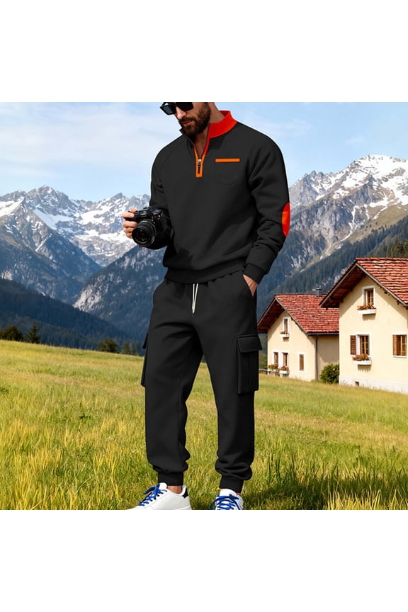 Men's Cargo Tracksuit Quarter Zip Sweatshirt and Pants Set Contrast Elbow Patch Outfit for Outdoor Hiking Work Casual Daily Athletic Suit