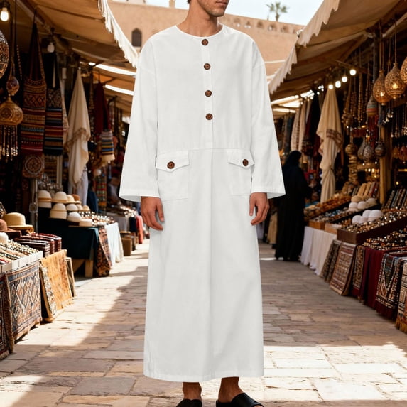Gamivast Men's Casual Long Robe Button Down Thobe with Pockets Solid Loose Fit Kaftan Breathable Cotton Blend Gown for Muslim Ramadan Prayer Lounging