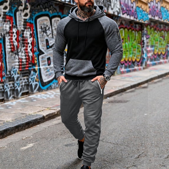 Gamivast Men's Color Block Hoodie Set Contrast Raglan Sweatshirt and Zipper Pocket Pants Casual Athletic Tracksuit for Gym Workout Running Sporty Suit