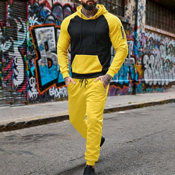 Gamivast Men's Color Block Hoodie Set Contrast Raglan Sweatshirt and Zipper Pocket Pants Casual Athletic Tracksuit for Gym Workout Running Sporty Suit