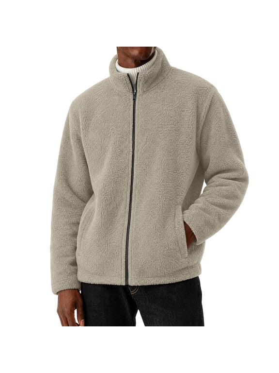 Men's Fleece Jacket Full Zip up Sherpa Coat Stand Collar Winter Warm Outerwear Casual Long Sleeve Fluffy Tops with Pockets for Outdoor