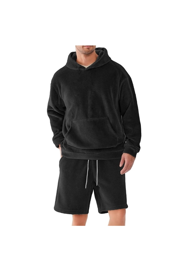 Men's Fuzzy Fleece Short Set Hooded Pullover and Shorts Plush Sherpa Outfit for Summer Winter Lounge Sleepwear Indoor Relaxing Pajama Suits