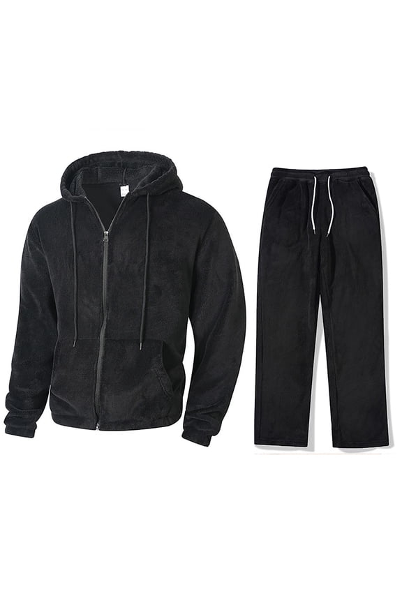 Men's Fuzzy Fleece Tracksuit Hooded Zip up Jacket and Pants Plush Sherpa Set for Winter Warm Casual Lounge Sleepwear Home Relaxing Outfits