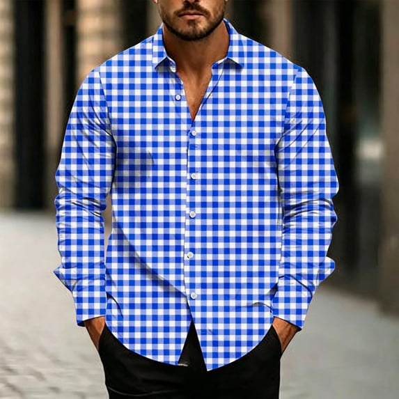Gamivast Men's Gingham Shirt Button Down Long Sleeve Collared Regular Fit Checkered Casual Shirt for Office Work Travel Weekend and Everyday Wear Blue XXL
