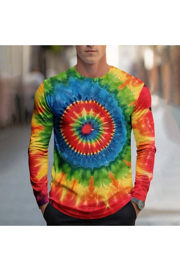 Men's Graphic T-Shirts Tie Dye Spiral Print Crew Neck Long Sleeve Shirts Psychedelic Pattern Soft Breathable Casual Party Tops