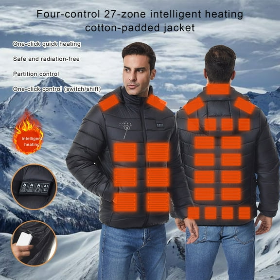 Gamivast Men's Heated Jacket Quilted Zip up Hooded Puffer Jackets with 27 Heating Zones and 2-Levels Loose Washable USB Printed Coats with Zipper Pockets 3Xl no Power Bank