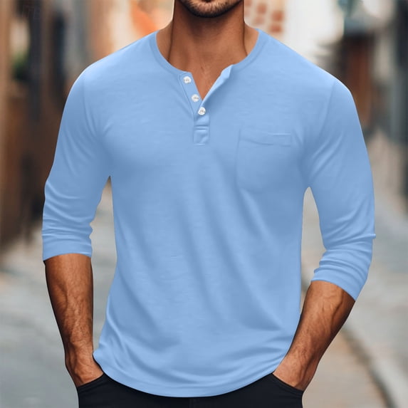 Gamivast Men's Henley Shirts Long Sleeve Casual Basic T-Shirts with Chest Pocket 3-Button Placket Lightweight Regular Fit Pullover Tops for Fall Everyday Wear Sky Blue XXXXXL