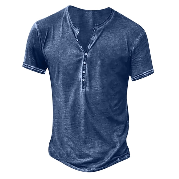 Gamivast Men's Henley Shirts Short Sleeve Casual T-Shirts Vintage Washed Cotton Tops Slim Fit Basic Button Placket Tees for Summer Muscle Athletic Everyday Wear Blue XXXXL