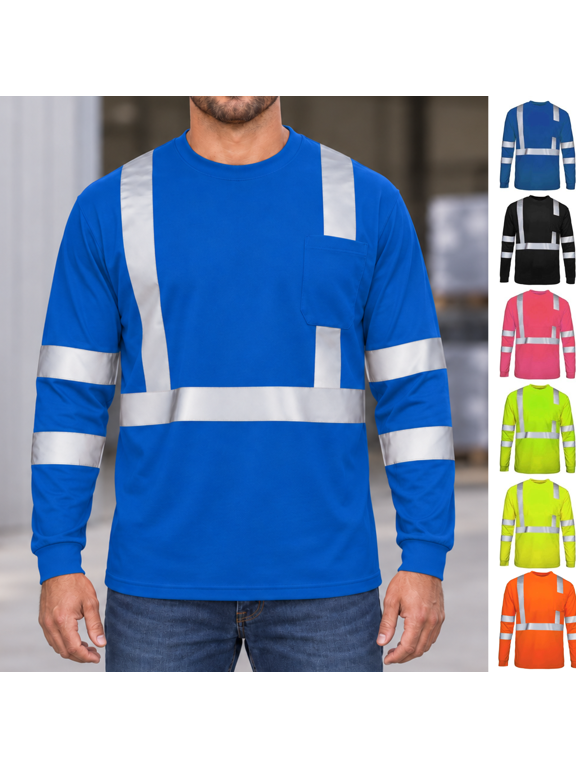 Men's High Visibility Shirts with Reflective Stripes Safety Long Sleeve Work Construction Tops Breathable Lightweight Outdoor Traffic Workwear Apparel Blue XL