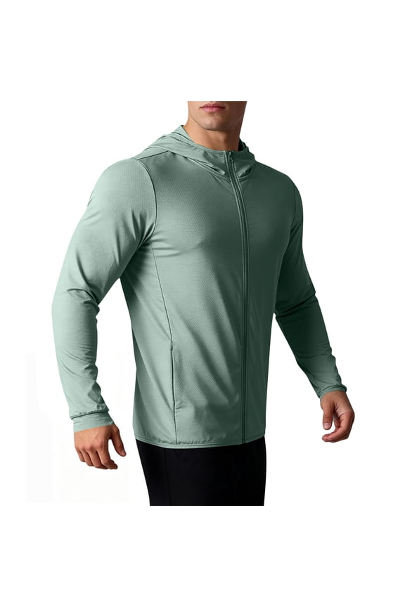 Men's Hooded Athletic Jacket Zip-up Breathable Performance Windbreaker Long Sleeve Lightweight Shirts Running Outdoor Training Wear Green XS