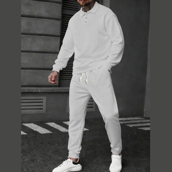 Gamivast Men's Jacquard Knit Tracksuit Long Sleeve Shirt and Drawstring Pants Set Soft Textured Outfit for Casual Golf Daily Lounge Athletic