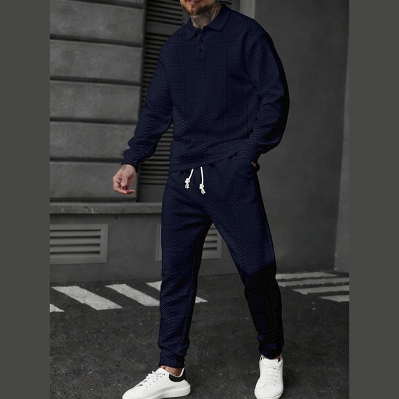Gamivast Men's Jacquard Knit Tracksuit Long Sleeve Shirt and Drawstring Pants Set Soft Textured Outfit for Casual Golf Daily Lounge Athletic