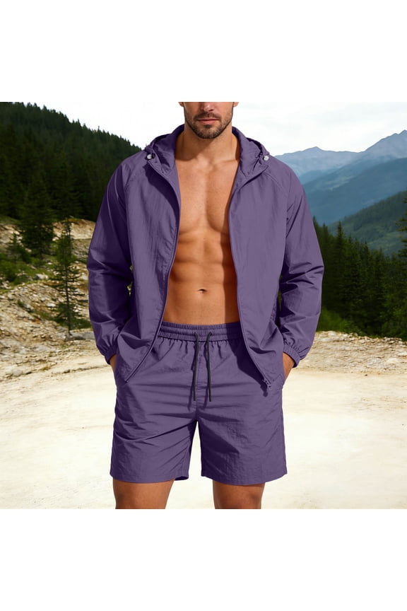 Men's Lightweight Running Set Hooded Windbreaker Jacket and Shorts Breathable Quick Dry Outfit for Summer Gym Workout Jogging Sporty Suit