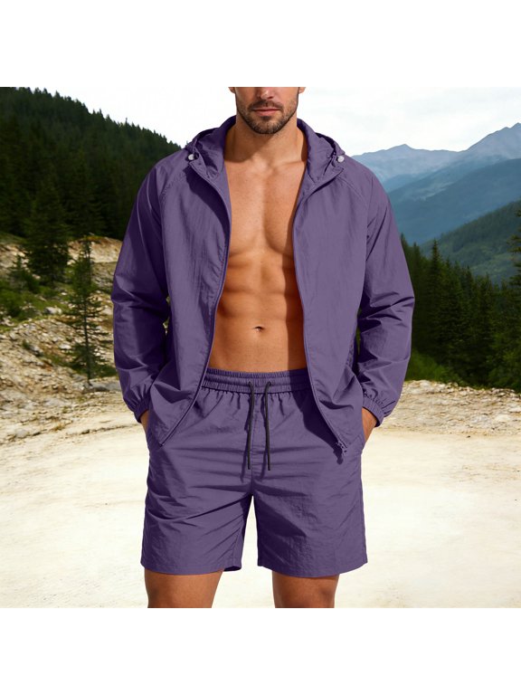 Men's Lightweight Running Set Hooded Windbreaker Jacket and Shorts Breathable Quick Dry Outfit for Summer Gym Workout Jogging Sporty Suit