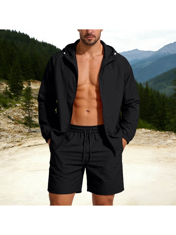 Men's Lightweight Running Set Hooded Windbreaker Jacket and Shorts Breathable Quick Dry Outfit for Summer Gym Workout Jogging Sporty Suit