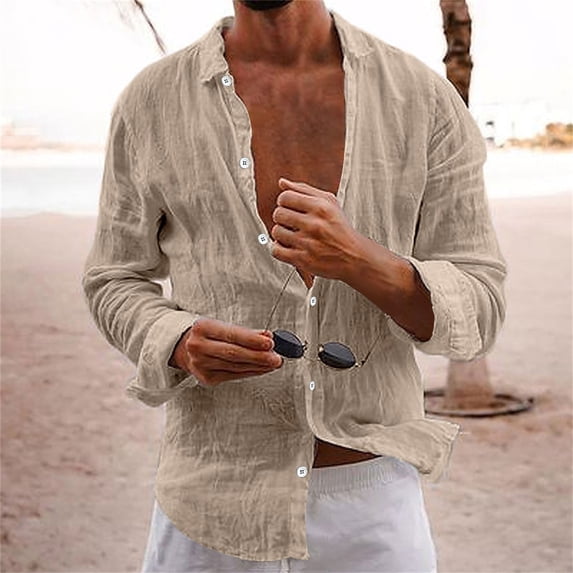 Gamivast Men's Linen Shirt Long Sleeve Button Down Casual Shirt Lightweight Breathable Beach Summer Shirt Regular Fit Spread Collar Shirt for Vacation Khaki XXXL