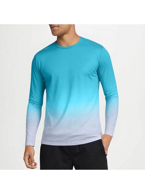 Men's Long Sleeve Running T Shirts Gradient Color Crew Neck Athletic Tops Quick Dry Breathable Gym Workout Sports Tees Reflective