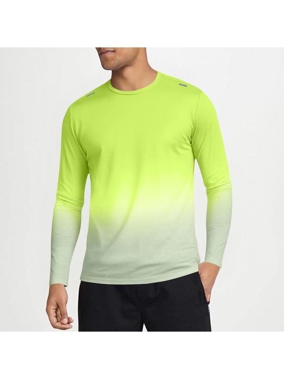 Men's Long Sleeve Running T Shirts Gradient Color Crew Neck Athletic Tops Quick Dry Breathable Gym Workout Sports Tees Reflective