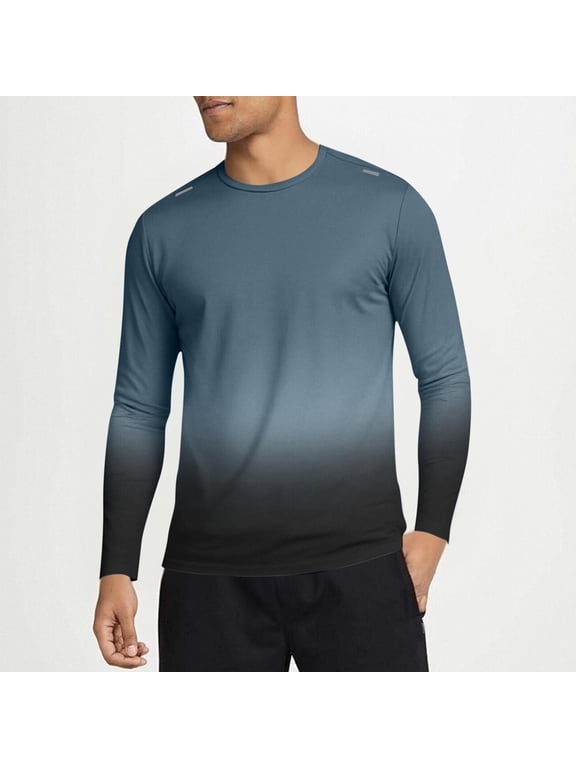 Men's Long Sleeve Running T Shirts Gradient Color Crew Neck Athletic Tops Quick Dry Breathable Gym Workout Sports Tees Reflective