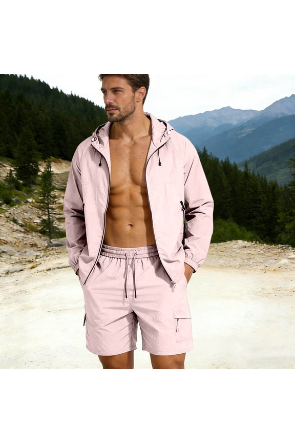 Men's Outdoor 2 Piece Set Hooded Windbreaker Coat and Cargo Shorts Breathable Quick Dry Suit for Summer Hiking Camping Fishing Active Wear