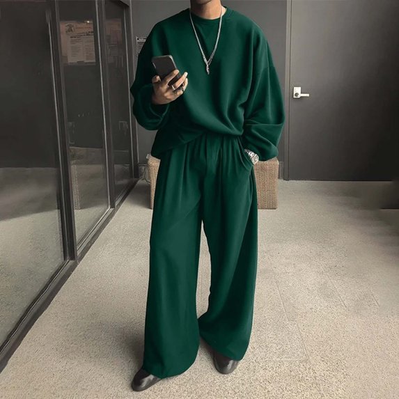Gamivast Men's Oversized 2 Piece Set Solid Crewneck Sweatshirt and Wide Leg Pants Soft Lounge Outfit for Casual Daily Streetwear Hip Hop Dance Suits