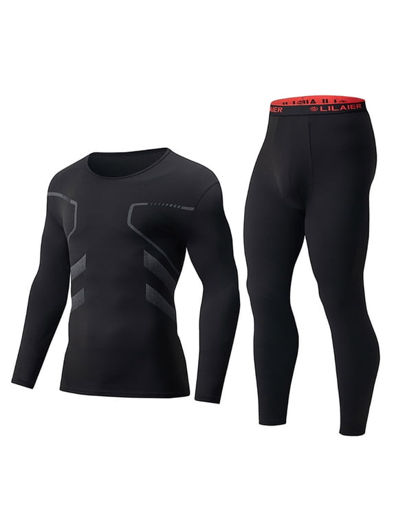 Men's Performance Compression Set Long Sleeve Top and Tights Zoning Design Base Layer Moisture Wicking Suit for Gym Running Athletic Sport