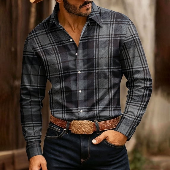 Gamivast Men's Plaid Flannel Shirts Long Sleeve Button Down Casual Collared Tops Classic Fit Checkered Dress Shirts for Fall Winter Daily Workwear Western Style Gray XL