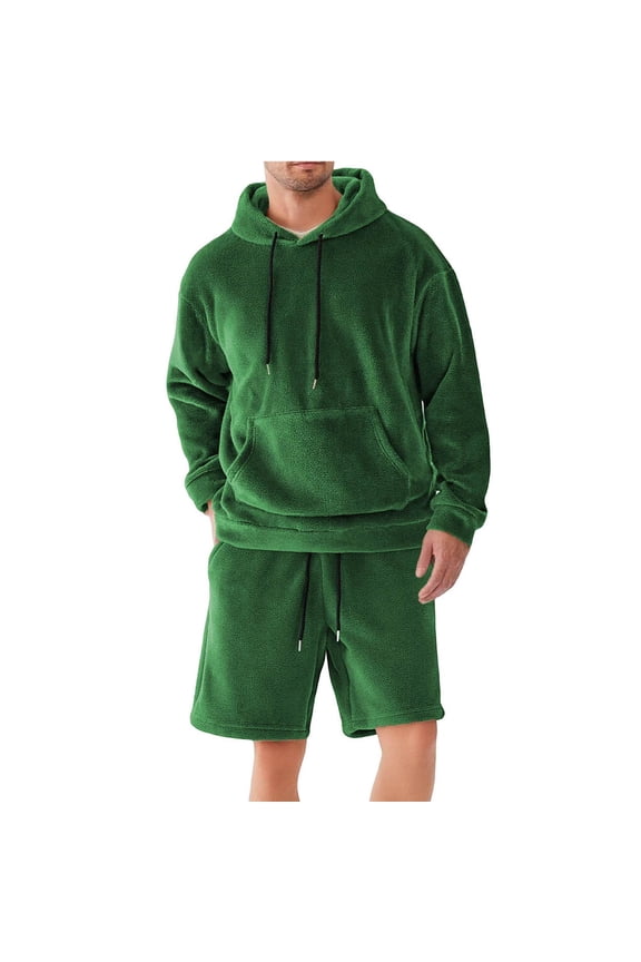 Men's Plush Fleece 2 Piece Set Hooded Pullover and Shorts Soft Warm Sherpa Outfit for Casual Lounge Sleepwear Relaxing Indoor Pajama Sweatsuit