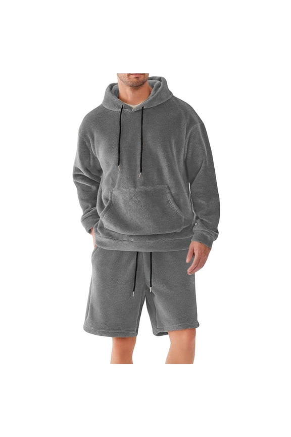 Men's Plush Fleece 2 Piece Set Hooded Pullover and Shorts Soft Warm Sherpa Outfit for Casual Lounge Sleepwear Relaxing Indoor Pajama Sweatsuit