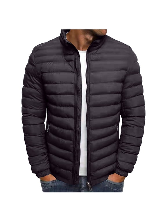 Men's Puffer Jacket Quilted Zip Up Stand Collar Winter Fall Casual Coat Packable Warm Outerwear for Travel Hiking Outdoor