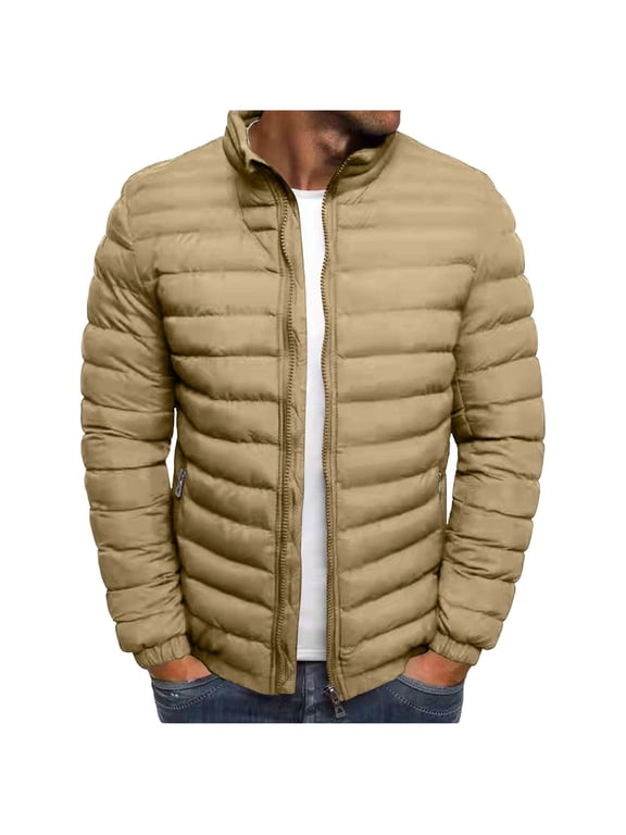 Men's Puffer Jacket Quilted Zip Up Stand Collar Winter Fall Casual Coat Packable Warm Outerwear for Travel Hiking Outdoor