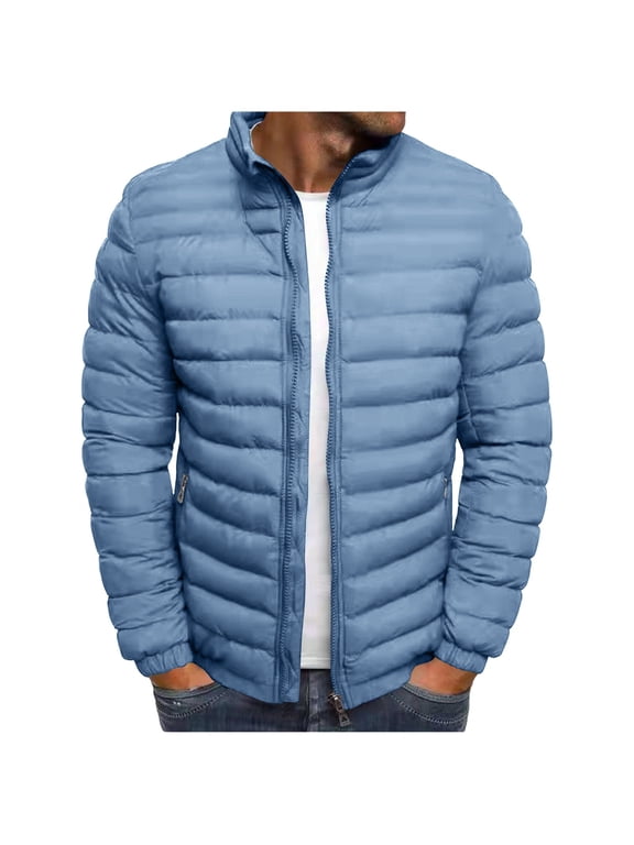 Men's Puffer Jacket Quilted Zip Up Stand Collar Winter Fall Casual Coat Packable Warm Outerwear for Travel Hiking Outdoor