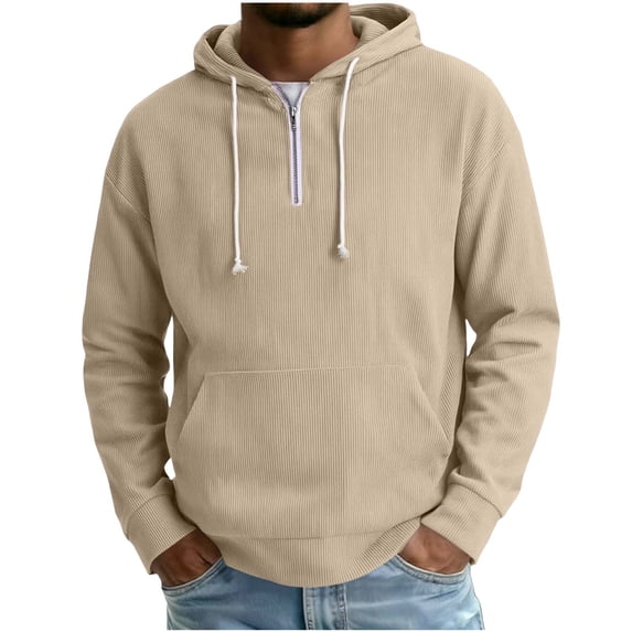 Gamivast Men's Quarter Zip Hoodie Ribbed Texture Long Sleeve Hooded Sweatshirt Kangaroo Pocket Pullover Tops Casual Loose Fit Soft Fall Winter Outdoor