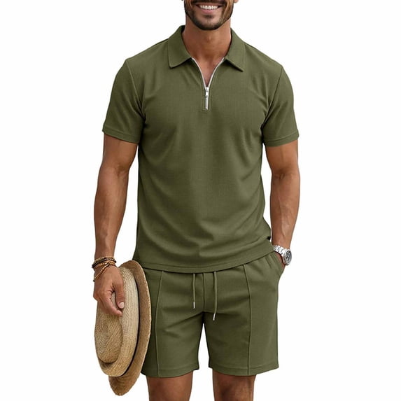 Gamivast Men's Quarter Zip Set Short Sleeve Textured Top and Shorts Breathable Summer Outfit for Golf Tennis Casual Daily Lounge Sporty Suit
