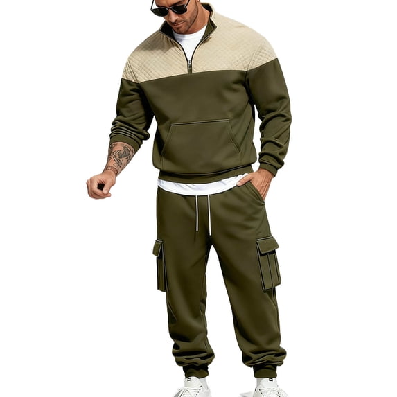 Gamivast Men's Quarter Zip Tracksuit Quilted Color Block Pullover and Cargo Pants Contrast Set for Outdoor Work Hiking Casual Daily Sporty Outfit Suits