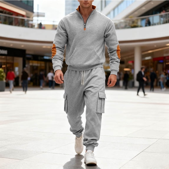 Gamivast Men's Quarter Zip Tracksuit Stand Collar Pullover and Cargo Pants Set Contrast Patch Outfit for Outdoor Work Hiking Camping Casual Daily Wear