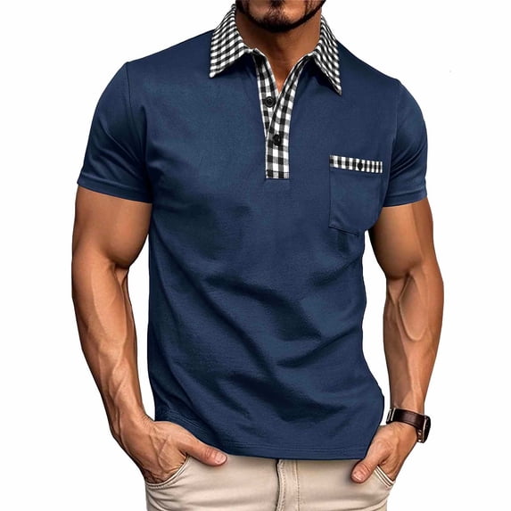 Gamivast Men's Short Sleeve Plaid Collar Shirts Contrast Trim Golf Tops Business Casual T-Shirt Moisture Wicking Breathable Soft Summer Work
