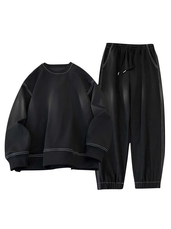 Men's Streetwear 2 Piece Set Contrast Stitch Crewneck Top and Pants Oversized Outfit for Casual Daily Hip Hop Dance Lounge Relaxed Fit Suit